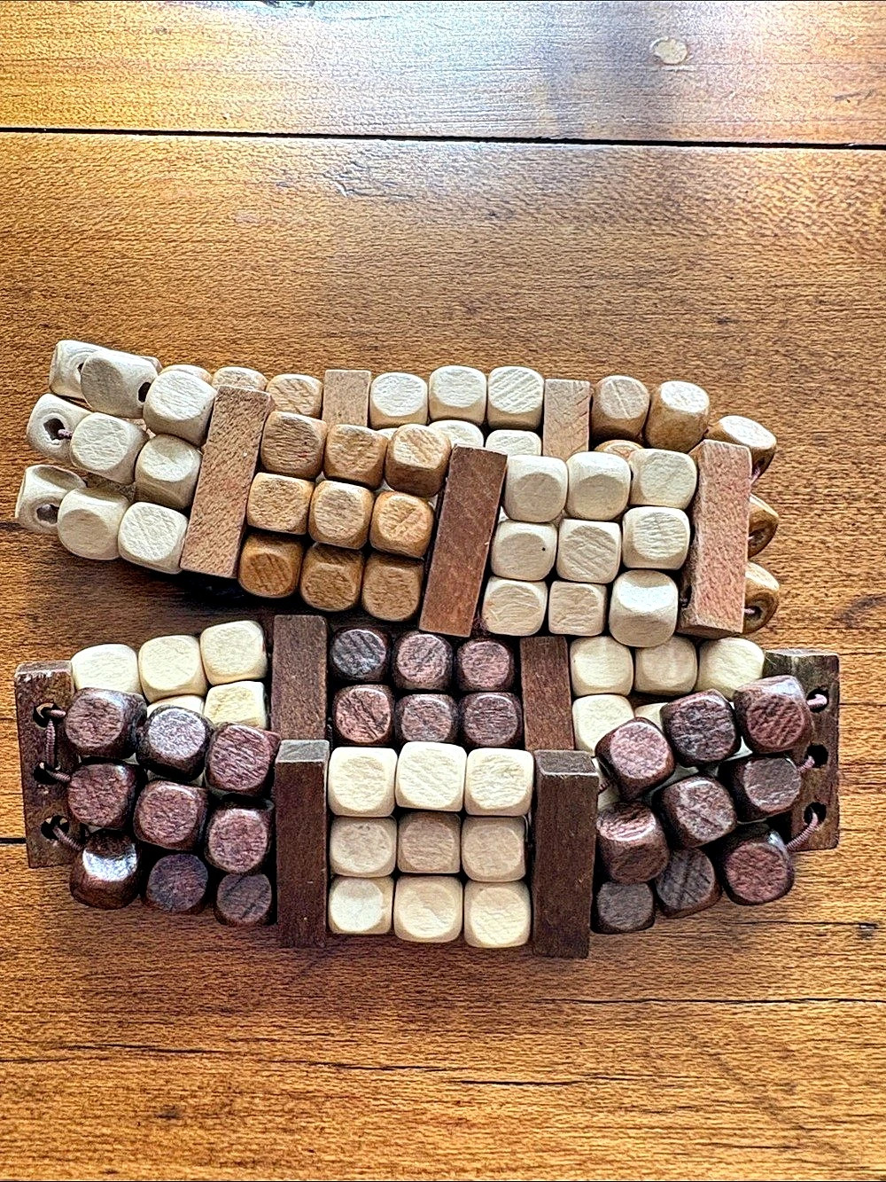 2 Natural Wood Beaded Stretch Bracelets in Brown & Cream and Tan and Cream